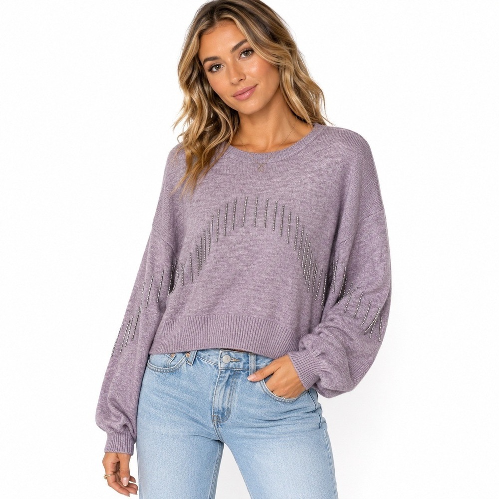 Broadway 38 Rhinestone Fringe Knit Pullover Sweater Lavender Purple Size XL